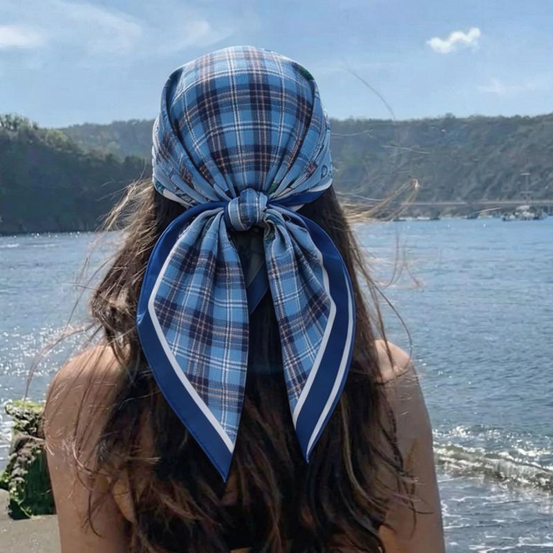 Lightweight Chiffon Silk Square Scarf Classic Plaid Check Print Bandana for Women Beach Vacation Neck Hair Headband Accessory