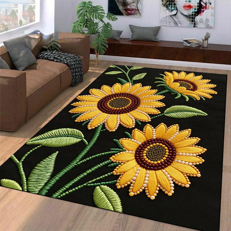 3D Sunflower Pattern Carpet with Black Background for Home Decor Suitable for use as an anti-slip for living room bedroom sofas