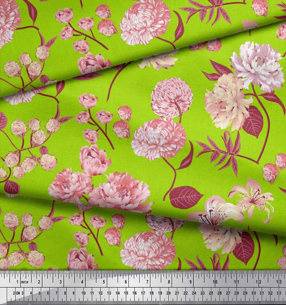 Soimoi Japan Crepe Satin Fabric Leaves,Peony & Dahlia Flower Printed Fabric 1 Metre 42 Inch