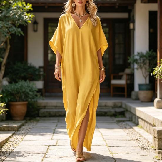 Damen Baumwolle Leinen Langes Kleid Fledermaus Kurzarm V-Ausschnitt Tunika Kleid Sommer Hoher Schlitz Fließendes Strand-Sonnenkleid