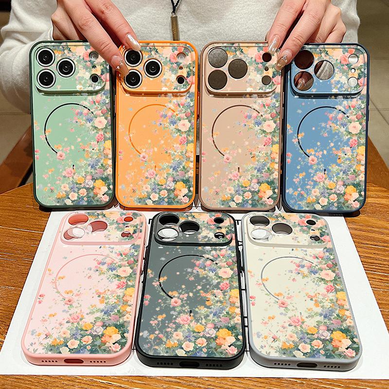Colorful Rose Pattern Magnetic Phone Case For iPhone 17 Pro 16 15 14 13 Pro Max For Magsafe Wireless Charge Lens Protect Cover