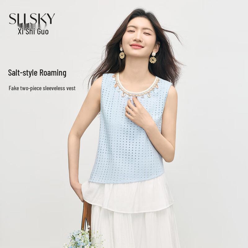 Sllsky Women s Faux Two-Piece Hollow Out Sleeveless Top M