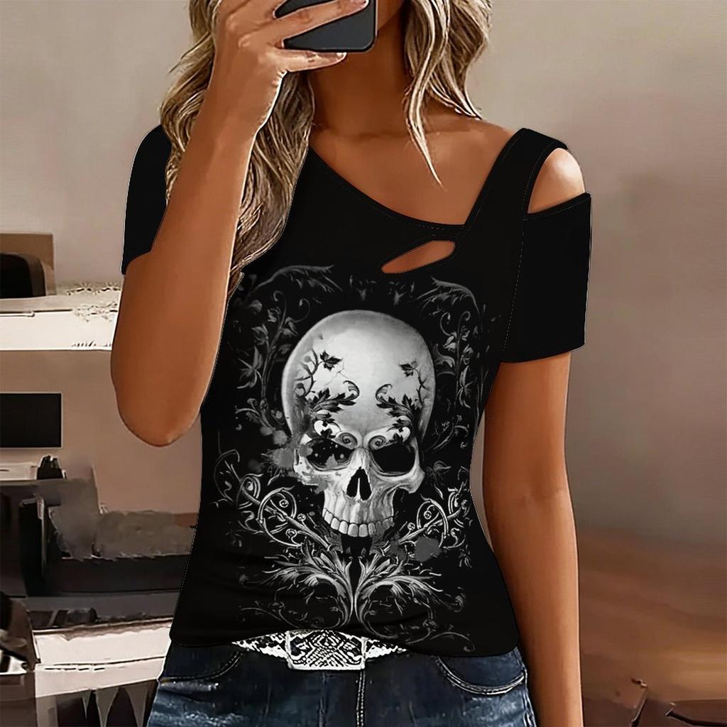 Women Tropical Flowers Print Cold Shoulder Short Sleeve T Shirt Irregular Cutout Neck Casual Summer Blouse Top