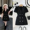 Girls' Fashion Dress: Summer Black Double-Breasted Waist-Cinched Lace-Up Dress