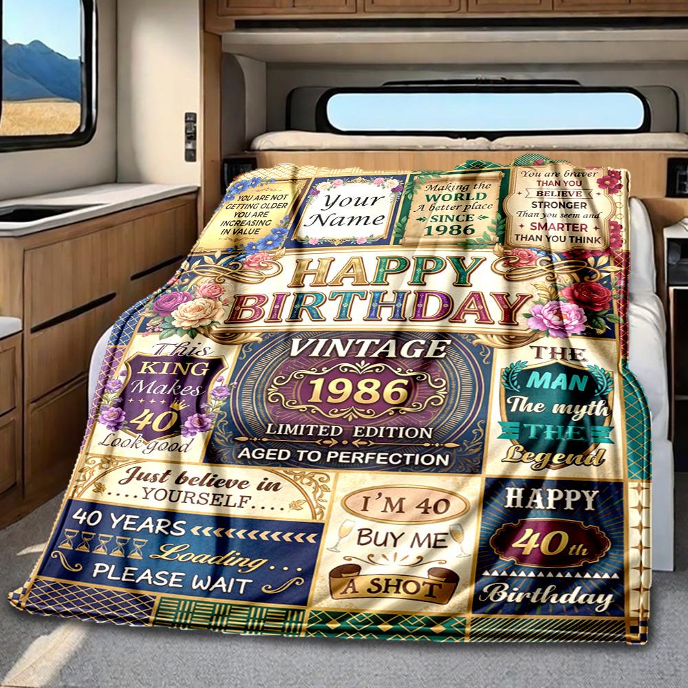 Vintage 40Th Birthday Celebration Blanket Personalized Name Soft Comfortable Stylish Blanket Car Blanket Perfect For Travel Camping Outdoor Home
