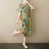 Summer Thin Cotton and Linen Retro Mid Length Dress with Feminine Temperament