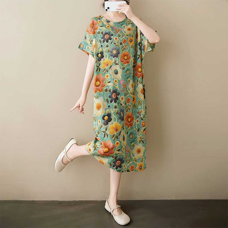 Summer Thin Cotton and Linen Retro Mid Length Dress with Feminine Temperament