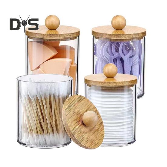 

4 шт./набор, коробка для хранения ватных дисков с бамбуковой/пластиковой крышкой, круглая, прямоугольная, ватные палочки, ватные палочки, губка для макияжа, контейнер, держатель, диспенсер, органайзер B