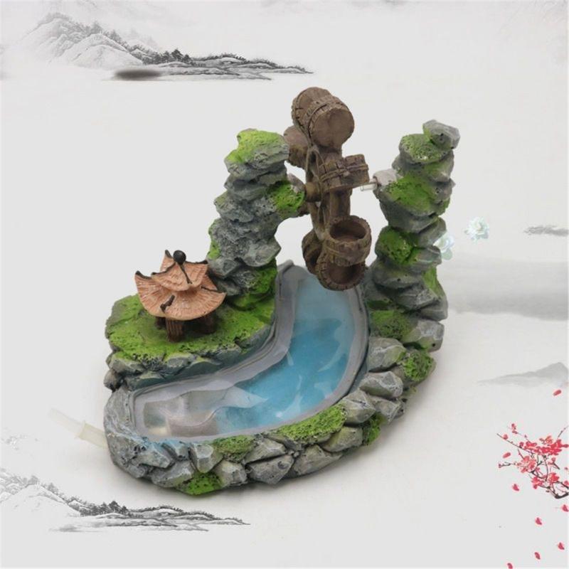 Resin Rockery Waterwheel for Fishtanks Aquariums Landscape Decoration with Pavilions Fish Shrimp Shelter Cave Decoration
