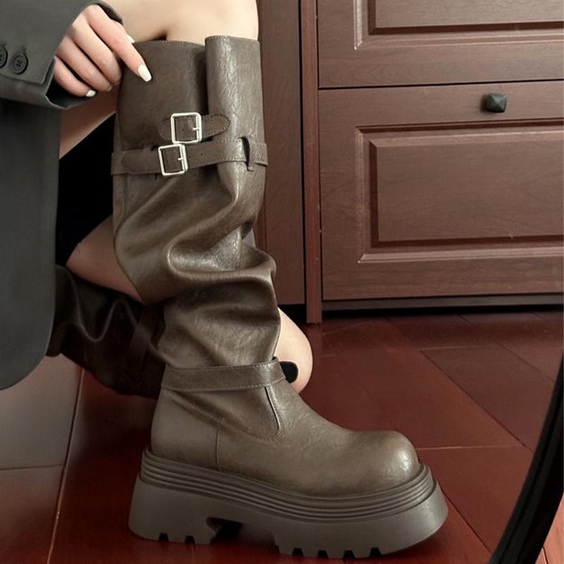 Platform Women's High Boots Flats Designer Knee High Shoes  Leather Winter Motorcycle Boots New Fashion Gothic Mujer Botas