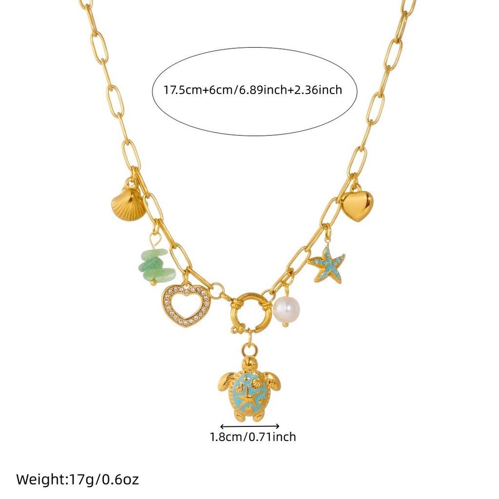 Ocean Vacation Colorful Gold Drop Turtle Starfish Scallop Pendant Necklace