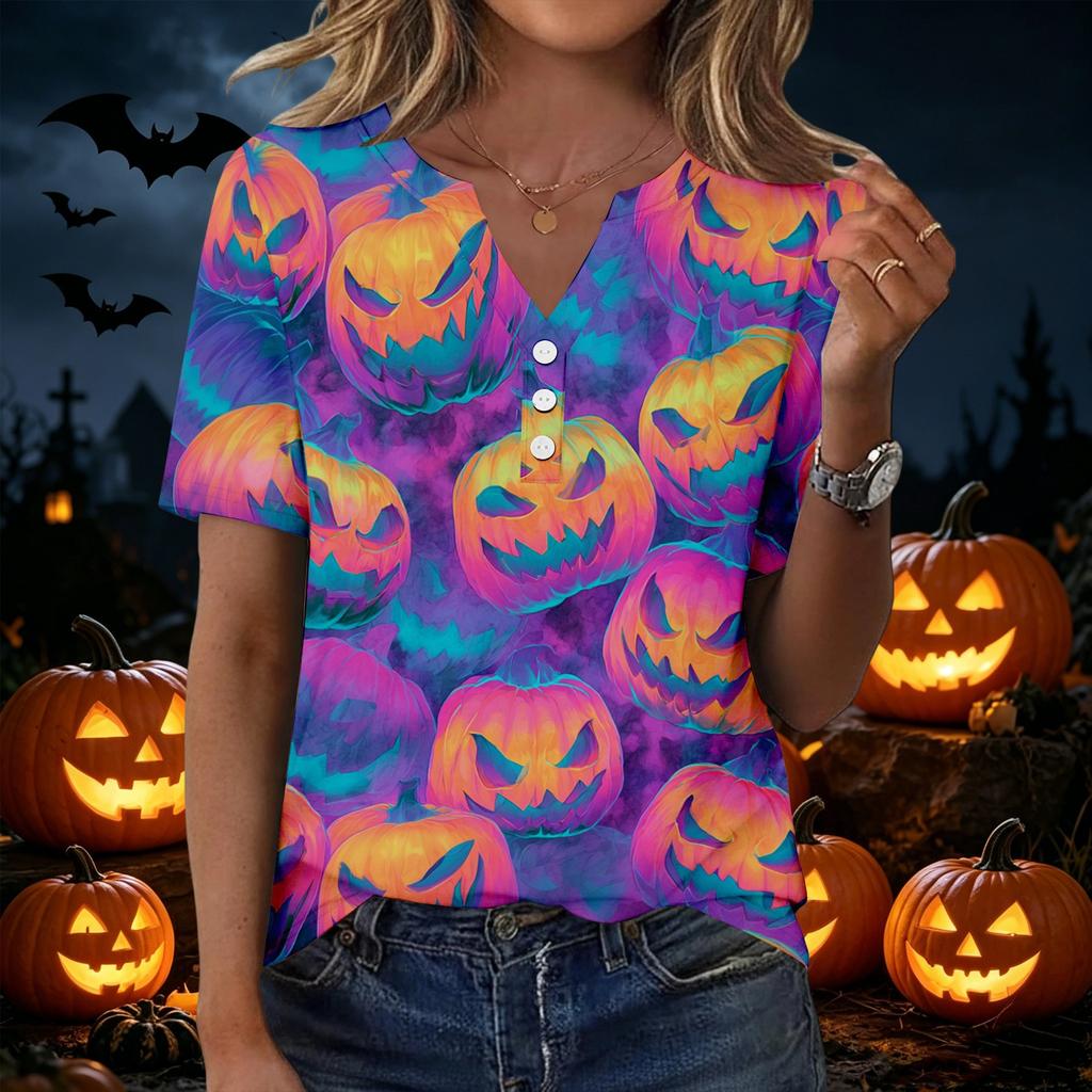 Women Casual Halloween Print V Neck Short Sleeve Button T Shirt Lightweight Soft Fabric Relaxed Fit Top for Everyday Wear