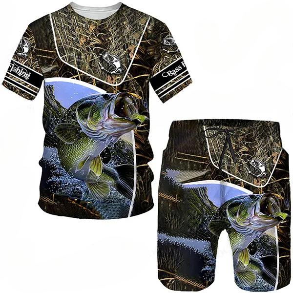 T Shirt & Shorts Sets 2piece Suit for Mens Fish Pattern Print Short Sleeve Tracksuit Leisure 3D Polyester Man's Set
