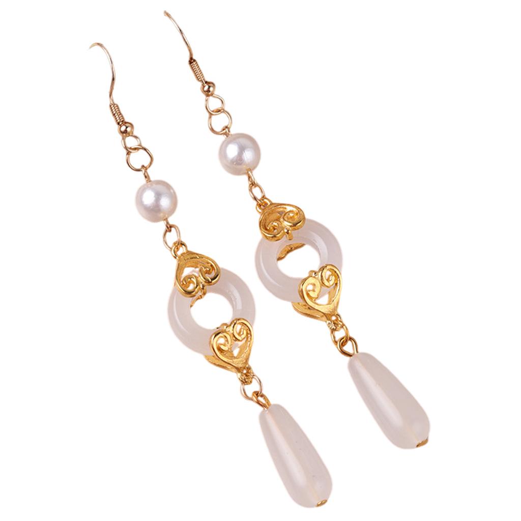 Chinese Fan Pendant Drop Earrings Elegant Retro Style Green/White Jade Earrings for Festival Wedding Party Head Decor
