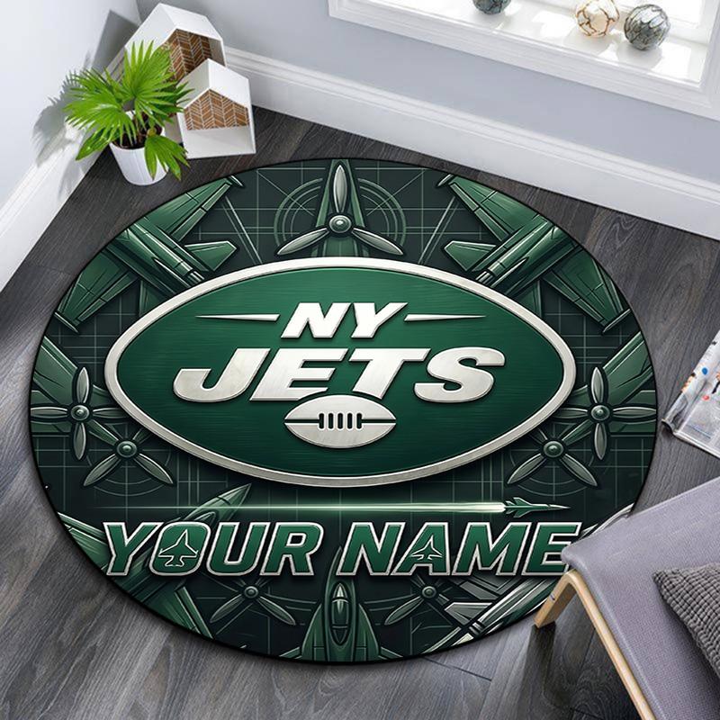 Custom Name New York Jets Round Area Rug,Carpet Rug for Living Room Bedroom Sofa Playroom Decor,Non-slip Floor Mat