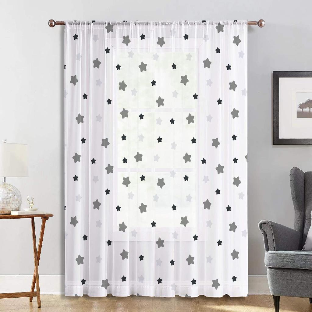 Simple Grey Tone One Piece Starfall Dust Free Rod Mounted Window Screen Living Room Bedroom Decorative Peacefulness Curtain Polyester Perfect For