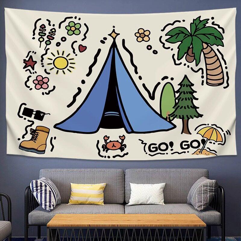 Handdrawn Camping  Picnic Hanging Cloth LargeSize Tapestry for Bars Coffee Shops  Homestays Cartoon Decorative Backdrop