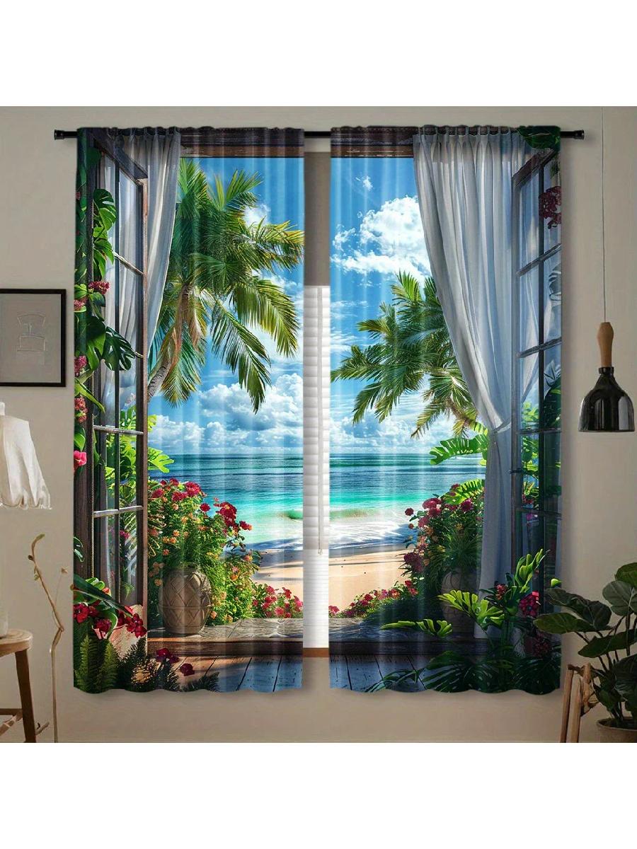 

2pcs Tropical Beach Palm Tree Printed Curtains, Designed for Light Filtering, Quality Material, Ideal for Summer Holiday Home Wi 24x59in(60x150CM)x2&Rod Pocket