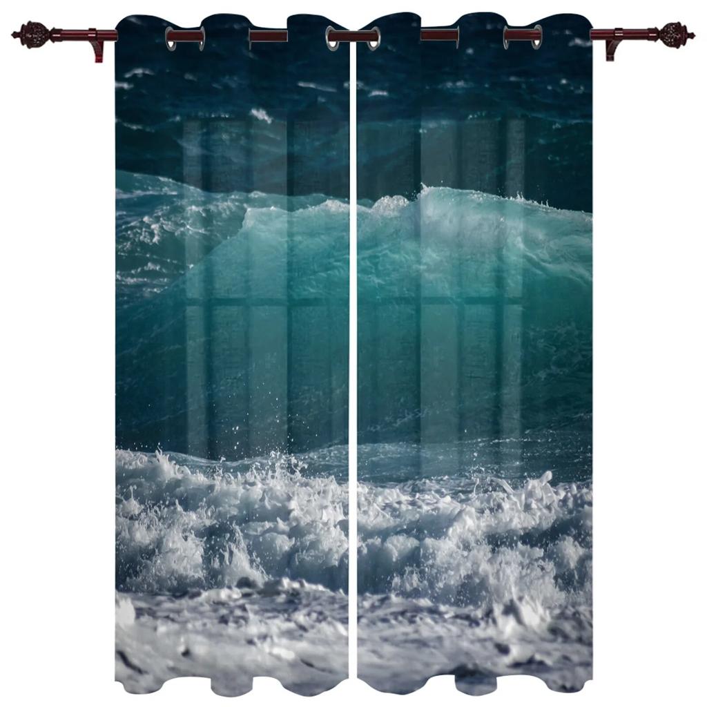 Blue Sea Water Wave Landscape Windows Curtains for Bedroom Modern Printing Blinds Curtain For Living Room Home Decor