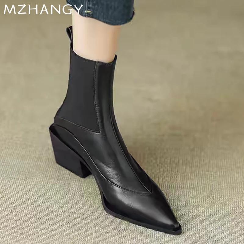 Women Leather Ankle Boots Pointed Toe Mid Heels Shoes Woman 2025 Trend Fashion Winter Elegant Dress Chelsea Boots Mujer Botas