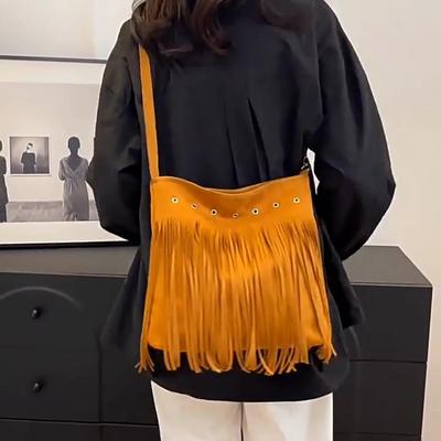 Boho Style Tassel Crossbody Bag Soft Frosted Tassel Straddle Bag Women Vintage Suede Shoulder Bag Casual Messenger Bag