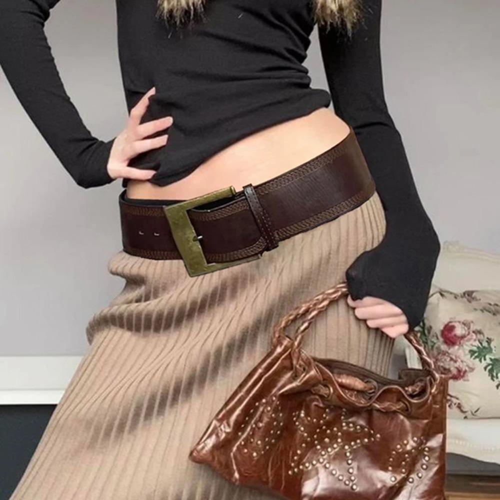 Y2K Retro Breiter Taillengürtel Dornschließe PU-Leder Taillenbänder Vintage Metallschnalle Breiter Gürtel Oberbekleidung