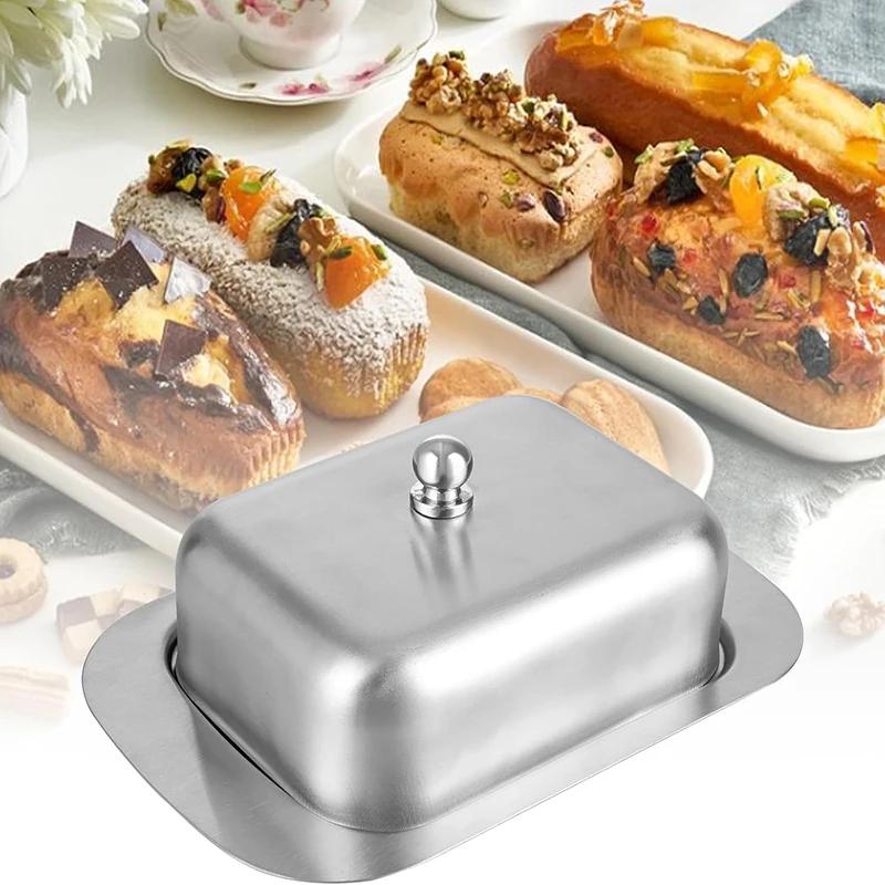 Vintage French stainless steel butter tray with cover, cheese storage box, tableware Dim sum tray, kitchen cooking storage box
