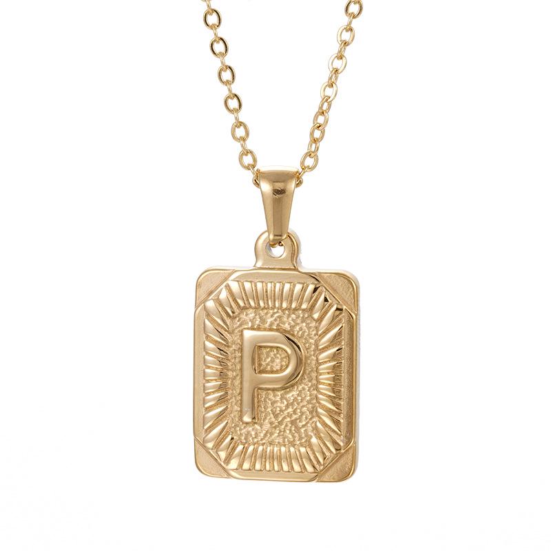 Men's 18K Gold Stainless Steel Square Pendant Necklace with Titanium Steel Uppercase English Letters