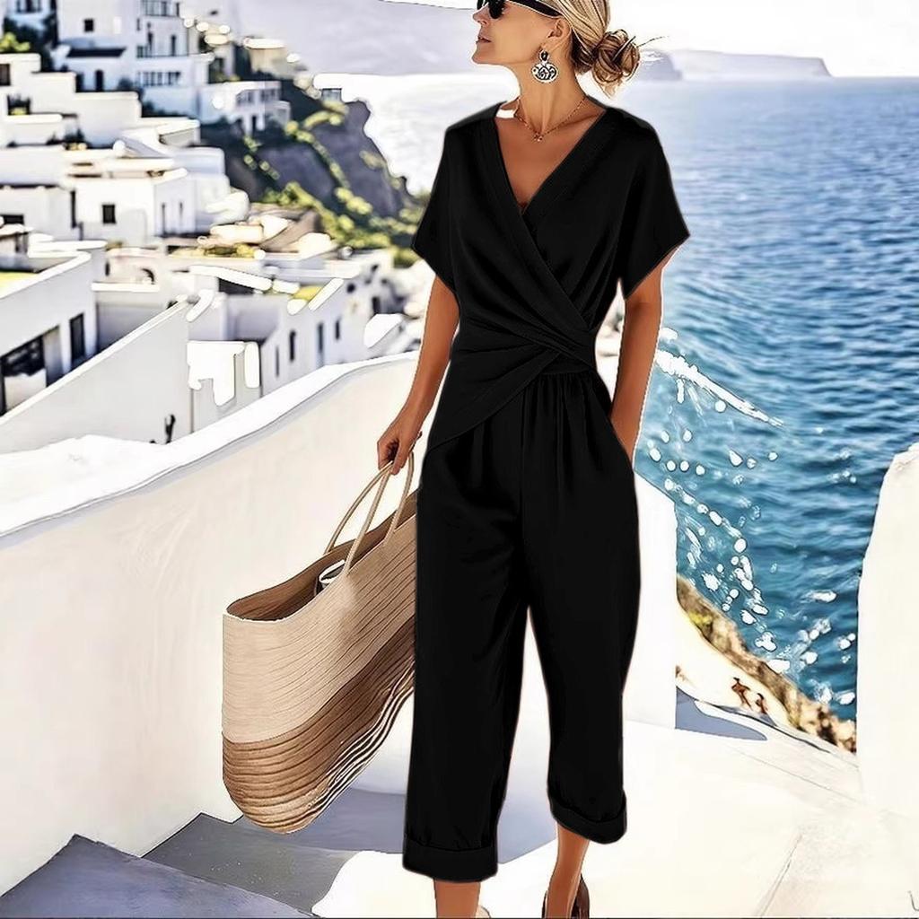 Women’s Short Sleeve Irregular Hem Two Piece Set V Neck Wrap Top and Cropped Pants Casual Outfit for Daily Wear