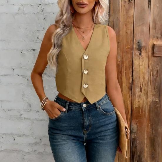 Linen Vest Top for Women Casual Slim Fit Sleeveless Button Down Waistcoat V