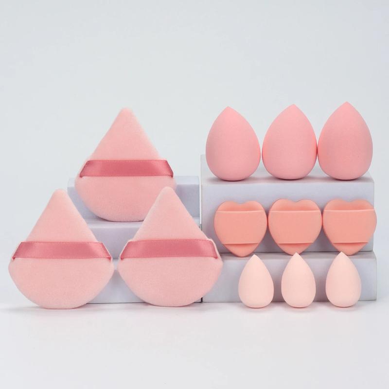 Set de 12 Esponjas de Maquillaje Multiusos, Hecho de 3 Borlas para Polvo Suelto, 3 Mini Borlas para Cojín de Aire, 3 Huevos de Belleza y 3 Mini Belleza