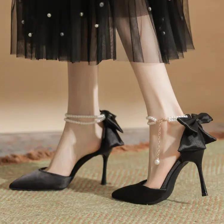 Fashion New Women Thin Heel Hollow Sandals Woman Pearl Butterfly Pointed Toe High Heels Womens Shoe Wedding Shoes