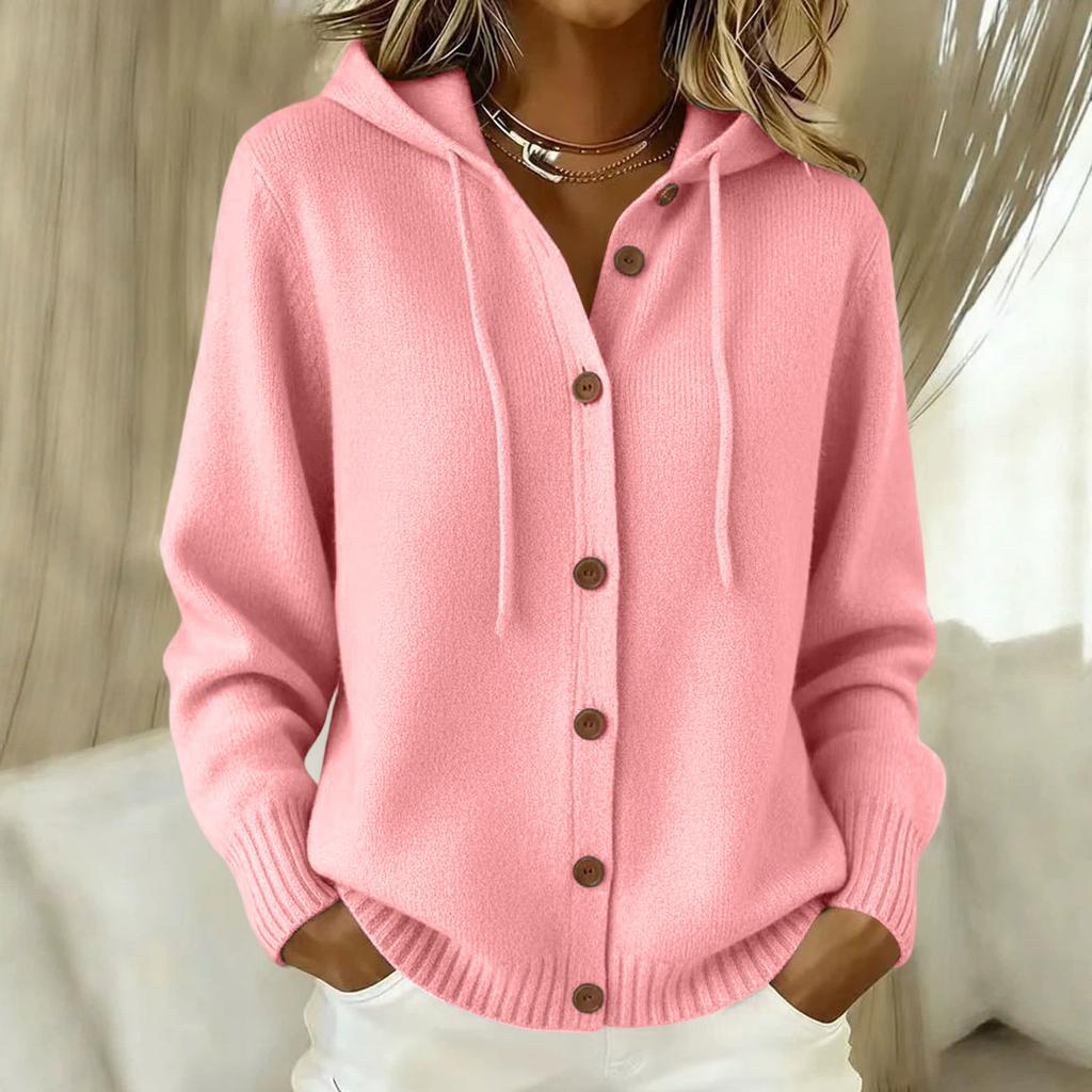 Women's Fashion Color Long Sleeve Button Front Hooded Knit Cardigan Casual Coat