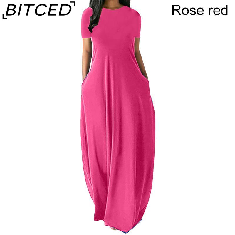 

BITCED Женское повседневное свободное длинное платье с круглым вырезом и коротким рукавом, летнее пляжное платье, элегантное вечернее платье XXXXXL розы красного