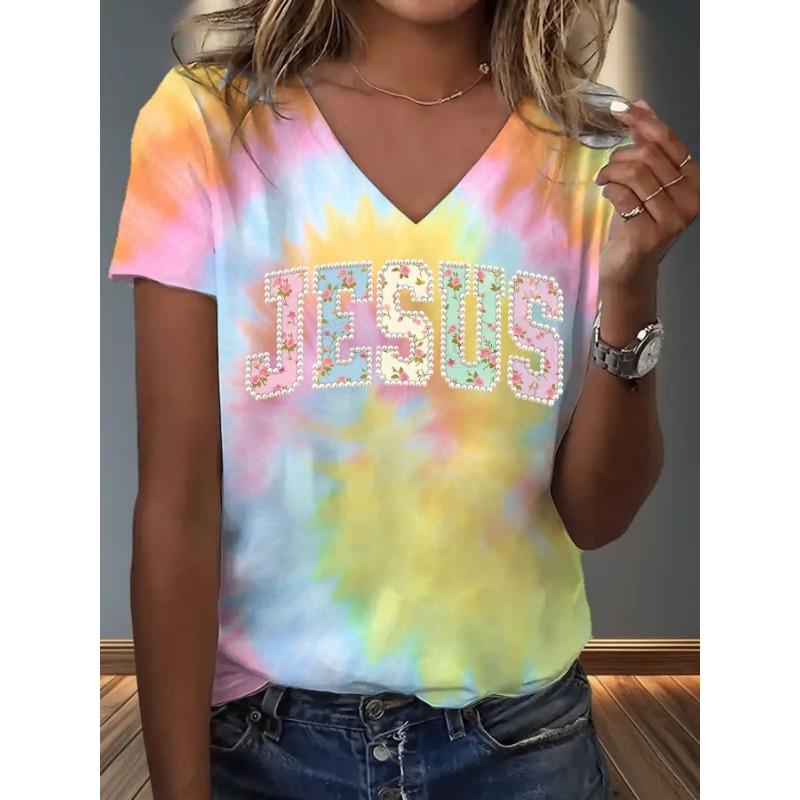 

Women Tie Dye Jesus Floral Print V Neck T Shirt Easter Outfit Casual Wear Machine Washable Top S