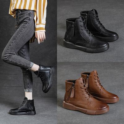 Fashion 2024 Autumn and Winter Soft Bottom Women's New British Style Casual Flat Bottom Plush Vintage Cotton Boots Versatile Short Boots