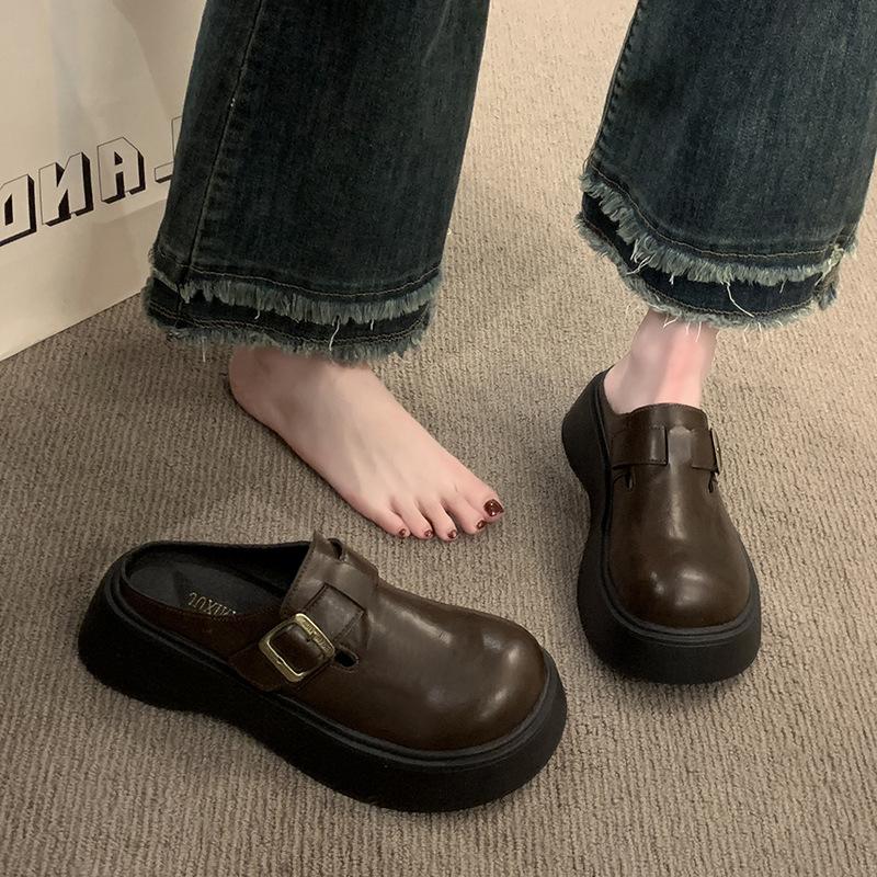 Leather Bag Head Half Slippers Women's Outer Wear Autumn New Muffin Platform Shoes Casual Skirt Single Shoes