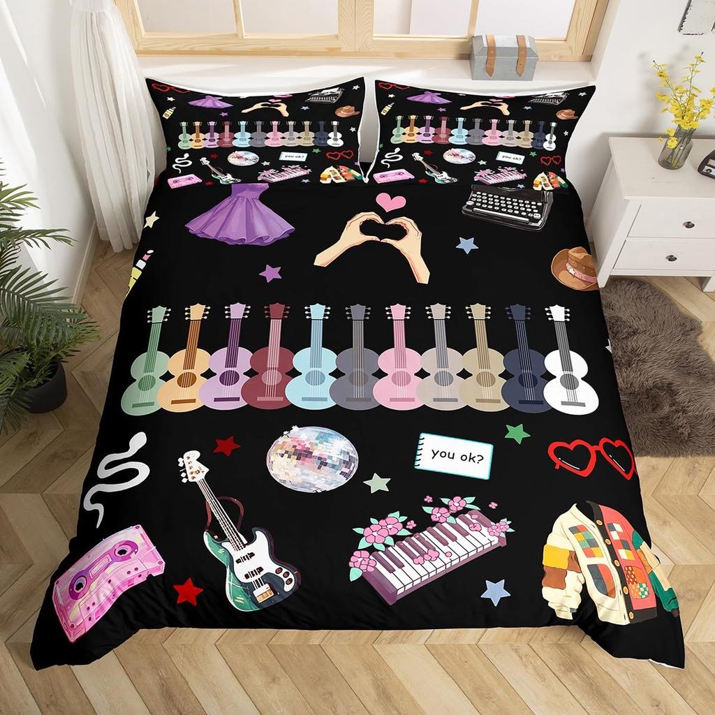 Music Fans Print Duvet Cover Twin Full Music Theme Comforter Cover Singer Fan White Bedding Set for Birthday Valentines Day Gift