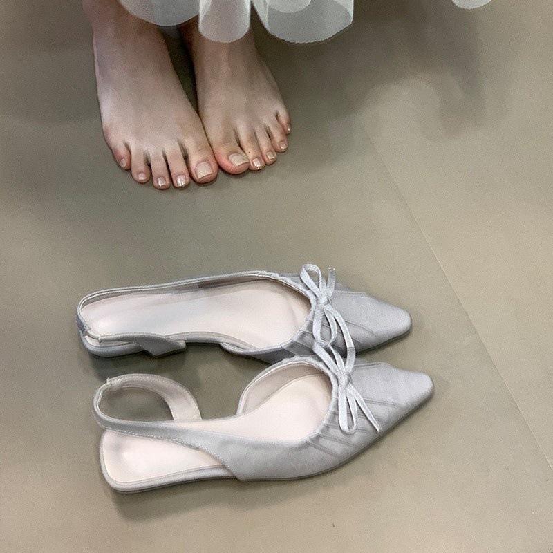 Trendy Pointed Wrinkled Bow Bag Head Sandals Women's Summer Slope Heel Empty Single Shoes