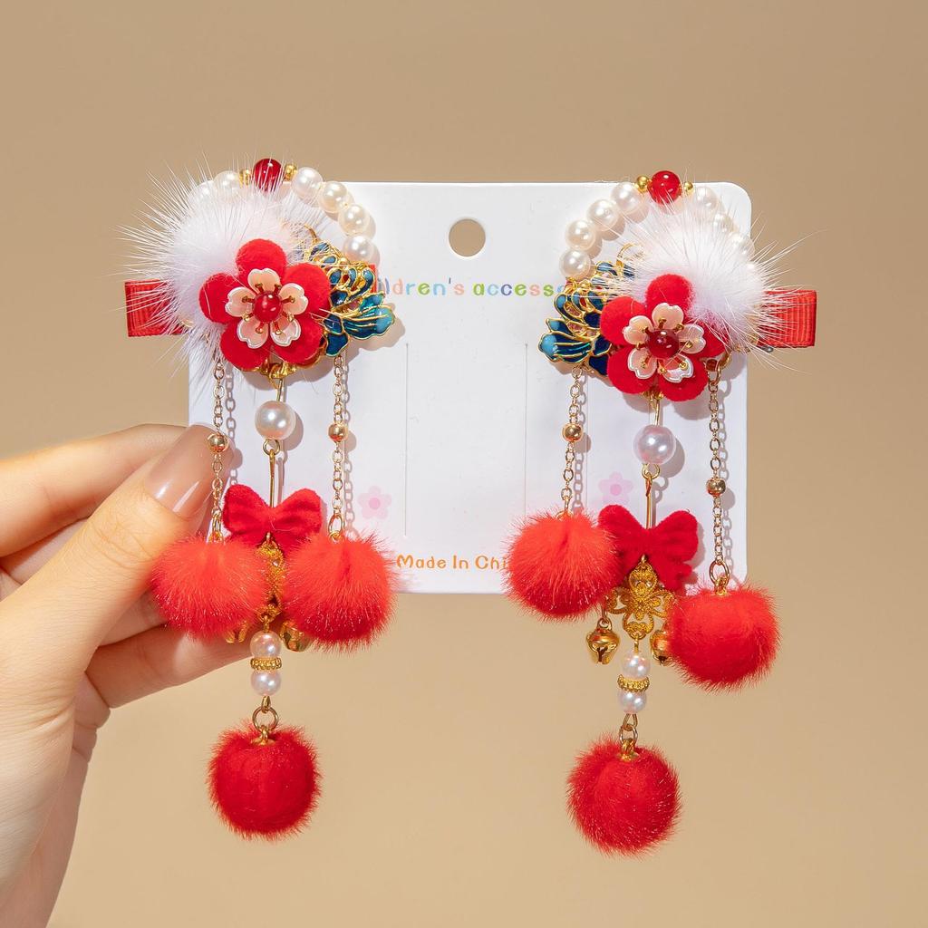 Red New Year Hanfu Hair Clips for Girls - Chinese Style Floral Headwear