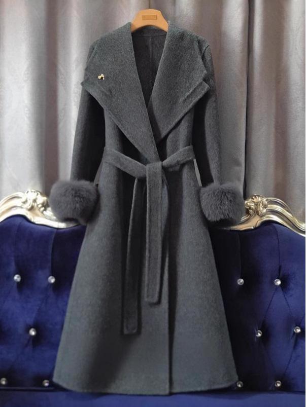 2025 Women's French Double-Faced Wool Coat with Cashmere & Real Fox Fur