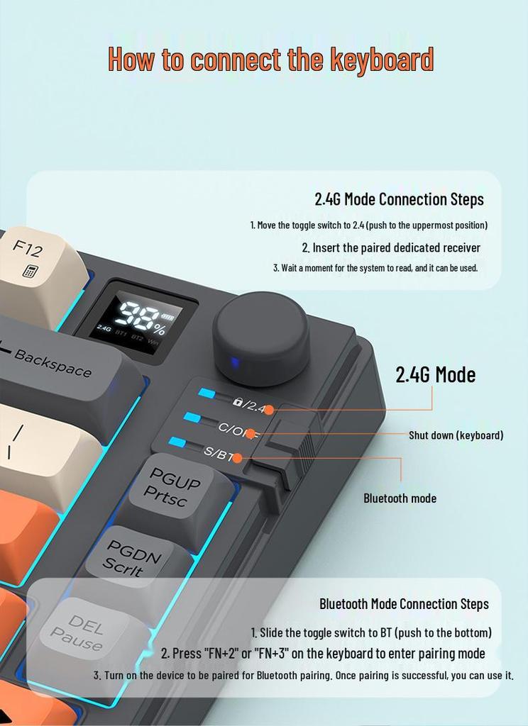 Dazzling Silver Fox K920 Wireless Bluetooth Keyboard & Mouse Set with Color-blocking, Luminous Design & Knob Display for Gaming & Office.