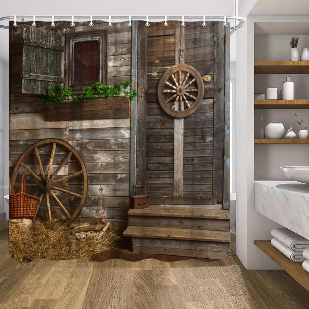 Retro Holz Türen Duschvorhang Set Rustikal Alt Vintage Scheunentor Stoff Badezimmervorhänge Bauernhaus Baddeko Badwände Haken