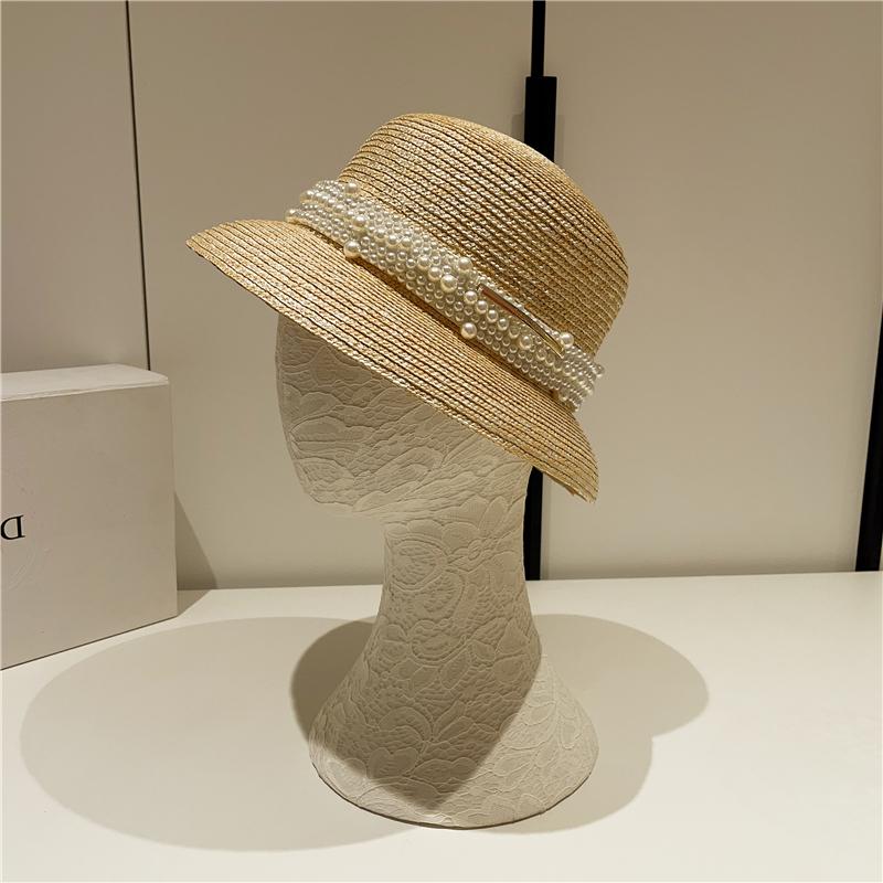 Vintage Straw Pearl Straw Hat Bell-shaped Big Brim Sunshade Straw Top Hat Women's Xia Hepburn Hat Elegant Beach Hat