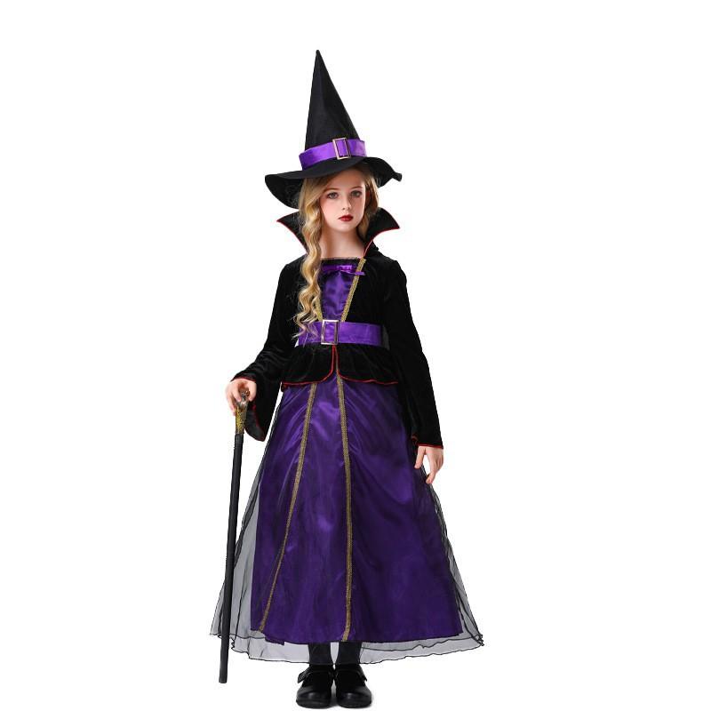 New Children's Witch Vampire Dress Mesh Dress Purple Green Dress with Hat Stage Performance Dress