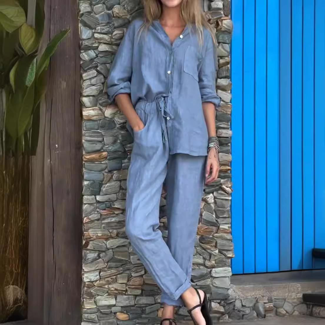 

Комплекты из двух предметов для женщин, весна-осень, повседневные, простые, с длинным рукавом, с карманами, комплекты из двух предметов, модные, свободные, офисные рубашки, костюмы, наряды L светло-синий