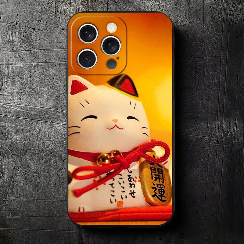 Lucky Cat Maneki Neko Japanese Soft Phone Case for iPhone 16 16E 17 Air 15 Pro Max 14 Plus 13 Mini 11 12 7 Black Cover Back Shel