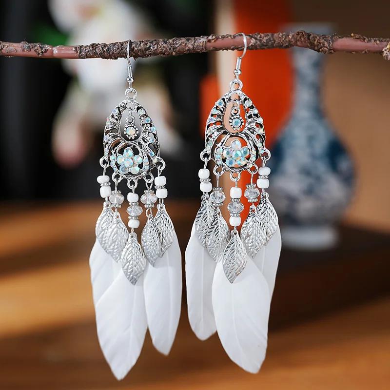 Bohemain Feather Long Earrings For Women Vintage Geometric Handmade Crystal Beads Wedding Drop Dangle Boho Girls Ear Jewelry