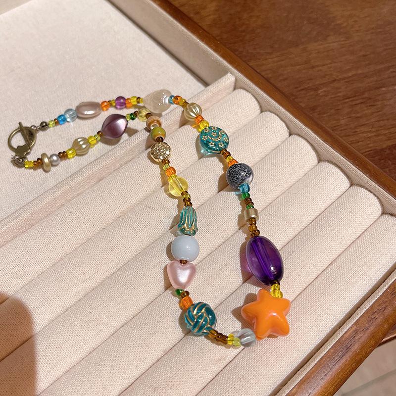 Dopamine Colored Ceramic Bead Necklace Sweet Beauty Instagram Trendy Light Luxury Design High-End Feeling Neck Chain Jewelry