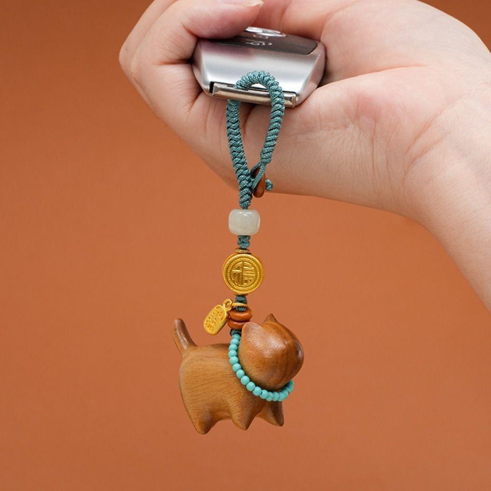 Lanyard Hang Ornament Sandalwood Phone Charm Creative Lucky Cat Keychain  Accessories
